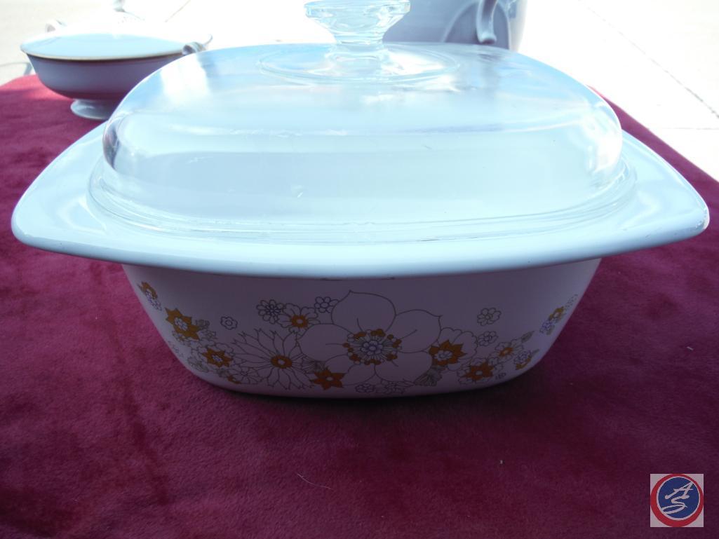 Noritake china white gravy dish, Corning ware casserole dish and Rena water pot