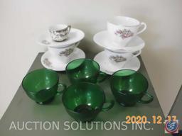 (3) Vintage Cups, (4) Saucers, LSM Cup and (4) Vintage Dark Green Depression Glass Cups