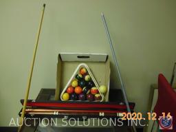 Billiard Accessories Including Balls, Cue Ball, Rack and (3) Sticks (One Stick with Case)