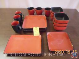 Set of Black and Red Dishes Including (6) Coffee Cups, (3) Dinner Plates, (6) Cereal Bowls and 2