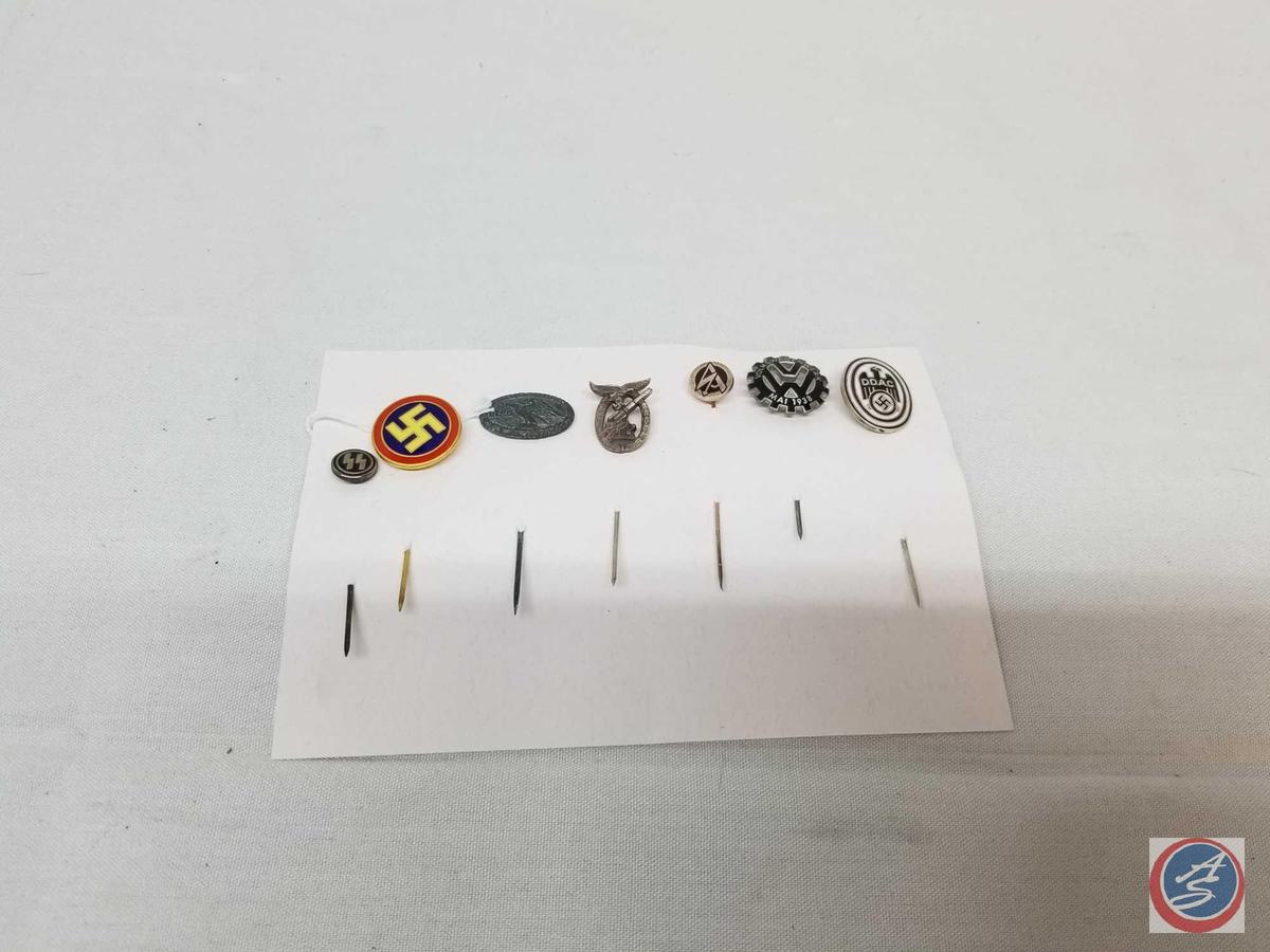 (7) German WWII Military Stick Pins Including Waffen SS Schutz Staffel, Swastika, DLRG, Luftwaffe