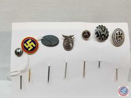 (7) German WWII Military Stick Pins Including Waffen SS Schutz Staffel, Swastika, DLRG, Luftwaffe