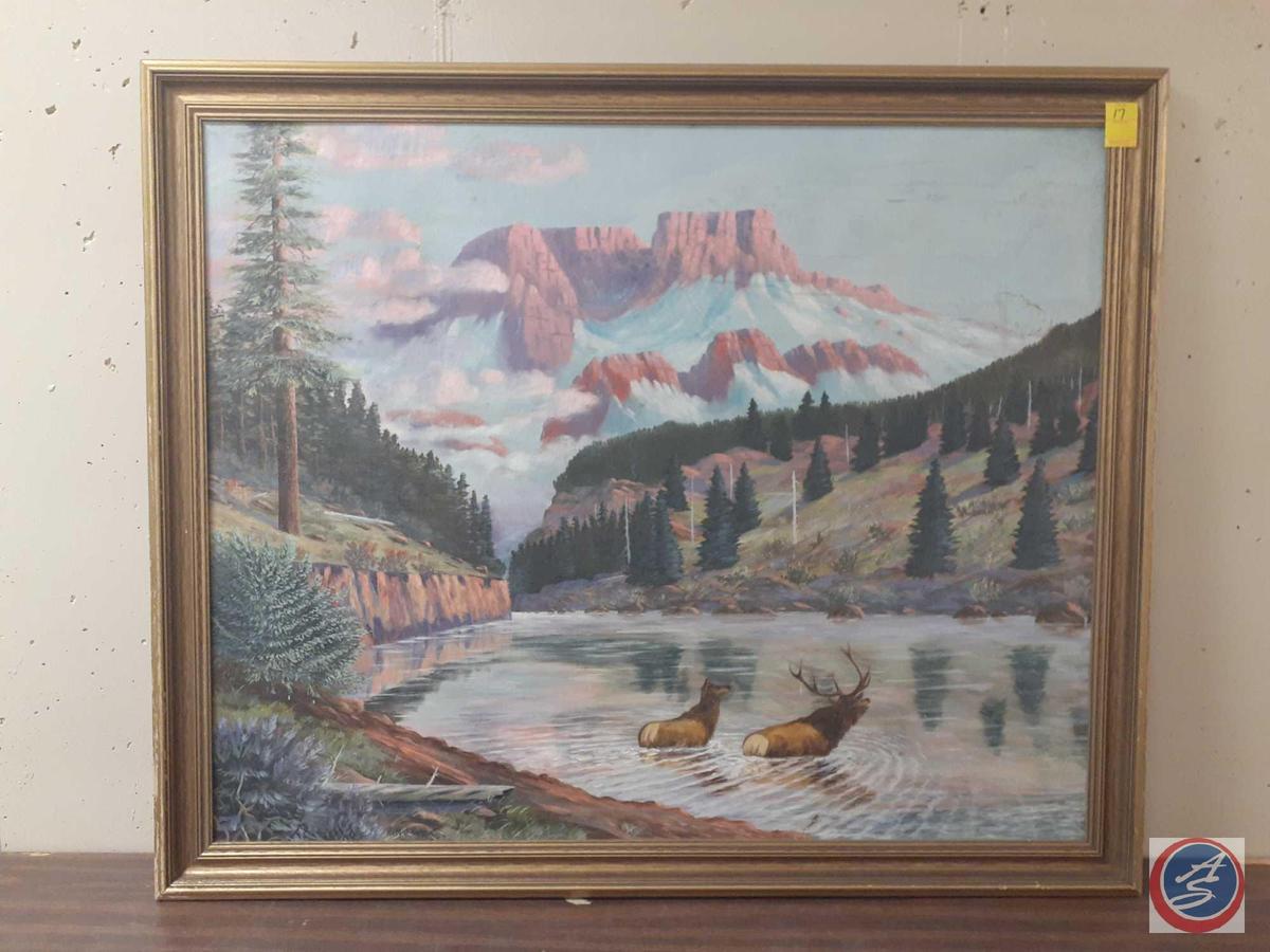 Pair Of Elk In Water With Mountain Scape Framed Canvas Signed Miles L Maryott Measuring 46"X 39"