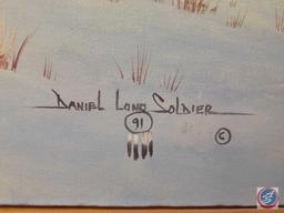 Native Americans In The Winter Plains Framed Canvas Signed Daniel Lano Soldier Measuring 38"X 26"