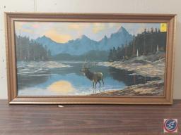 Elk Standing In Water With Mountains In Background Framed Painting On Canvas Signed Miles L Maryott