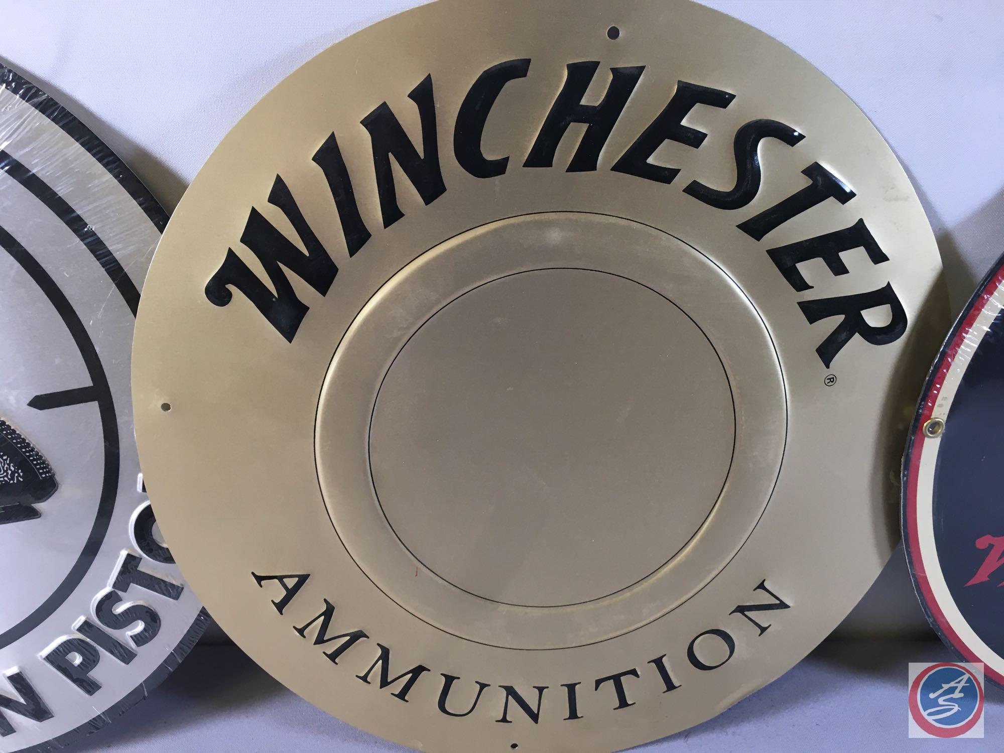 (3)... 12:" Round Metal Displays Glock, Winchester... Ammunition,Winchester Western, (2) Metal Plate