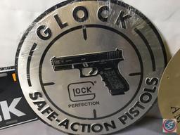 (3)... 12:" Round Metal Displays Glock, Winchester... Ammunition,Winchester Western, (2) Metal Plate