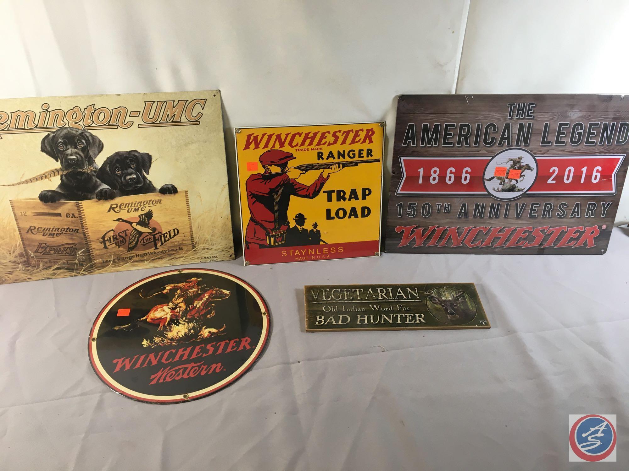 (1) 12" Round Metal Displays Winchester Western ...(1) Metal Sign Remington- UMC...16" x 12", (1) Me