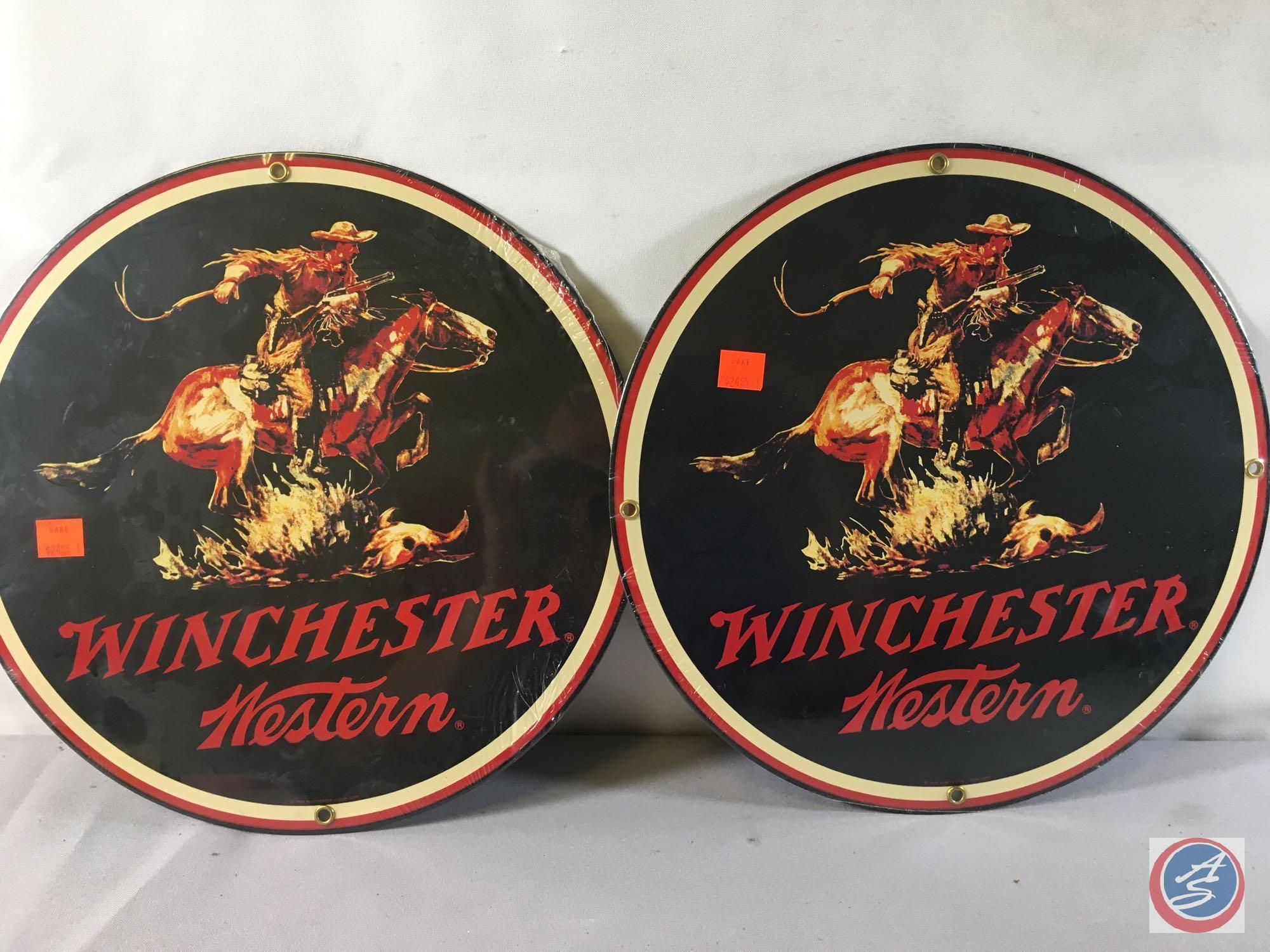 (2) 12" Round Metal Displays Winchester Western (1) Metal Sign...SCCY Firearms 23 1/2" x 17 1/2", (1