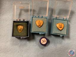 (3) 10K Gold Western Electric Service Award Lapel Pins and 30 Year Veteran Employees Association