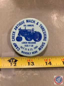 (3) advertising pins. Camp Creek Antique Machinery and Threshing, Bucher & Gibbs Plow Company, Gibbs