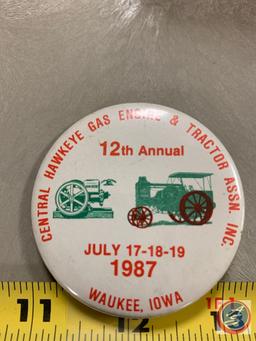 (3) advertising pins. Camp Creek Antique Machinery and Threshing, Bucher & Gibbs Plow Company, Gibbs