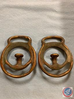 A pair of Studebaker harness chain holders brass with patina