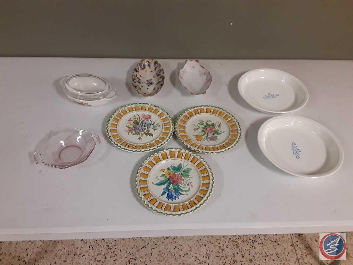 (3) Decorative Wall Hanging Plates, (2) Pyrex Round Serving Dishes and More