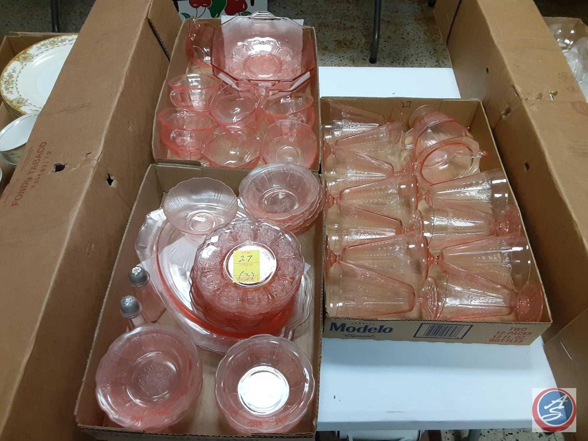 Vintage Clear and Pink Floral Glass Plates, Bowls, and Stemmed Glasses