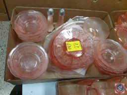 Vintage Clear and Pink Floral Glass Plates, Bowls, and Stemmed Glasses