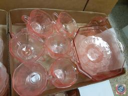 Vintage Clear and Pink Floral Glass Plates, Bowls, and Stemmed Glasses