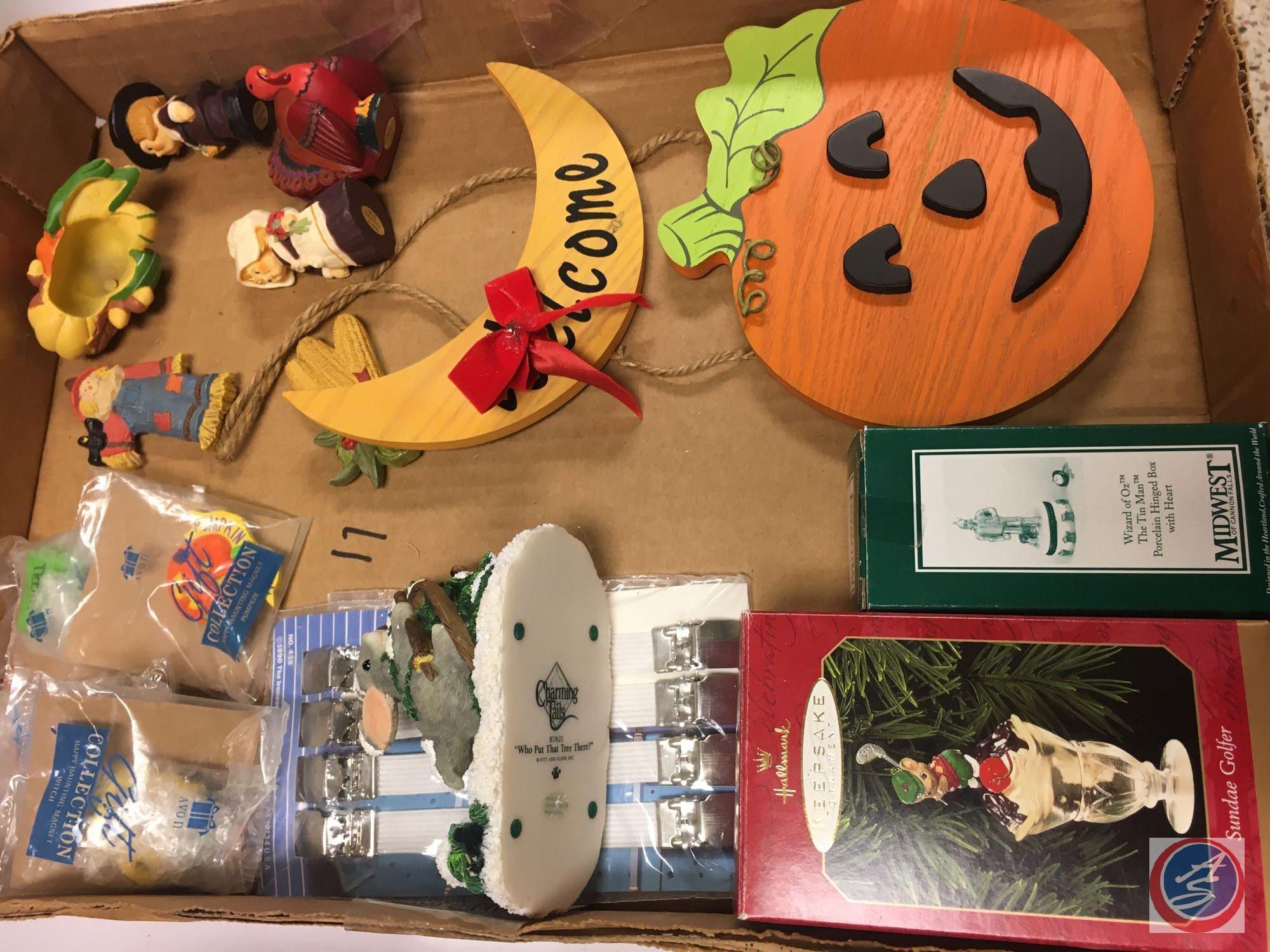 Fall Decorations Including Pilgrims, Scarecrow, Jack-O-Lantern Welcome Sign, Hallmark Keepsake