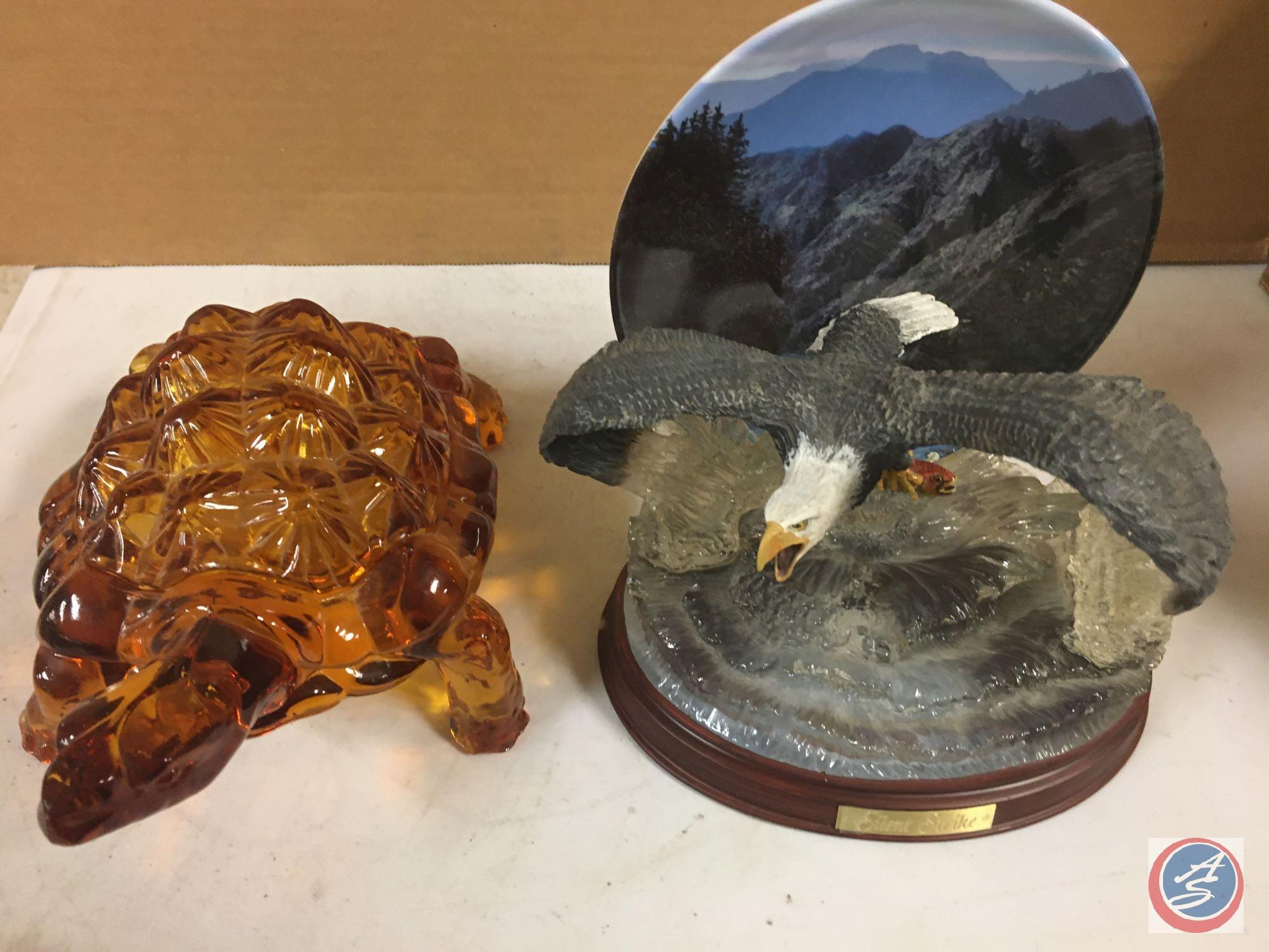 Amber Glass Turtle Candy Dish with Lid, Assorted Animal Figurines Including Bone China Horses