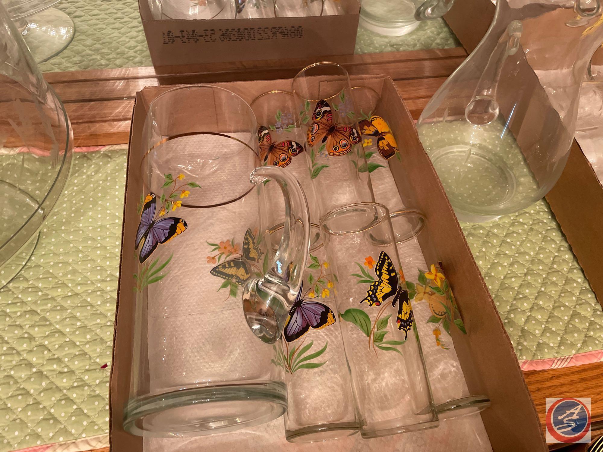 Clear Glass Water Pitcher with Etched Flowers, (12) Clear Glass Water Tumblers with Etched Flowers,