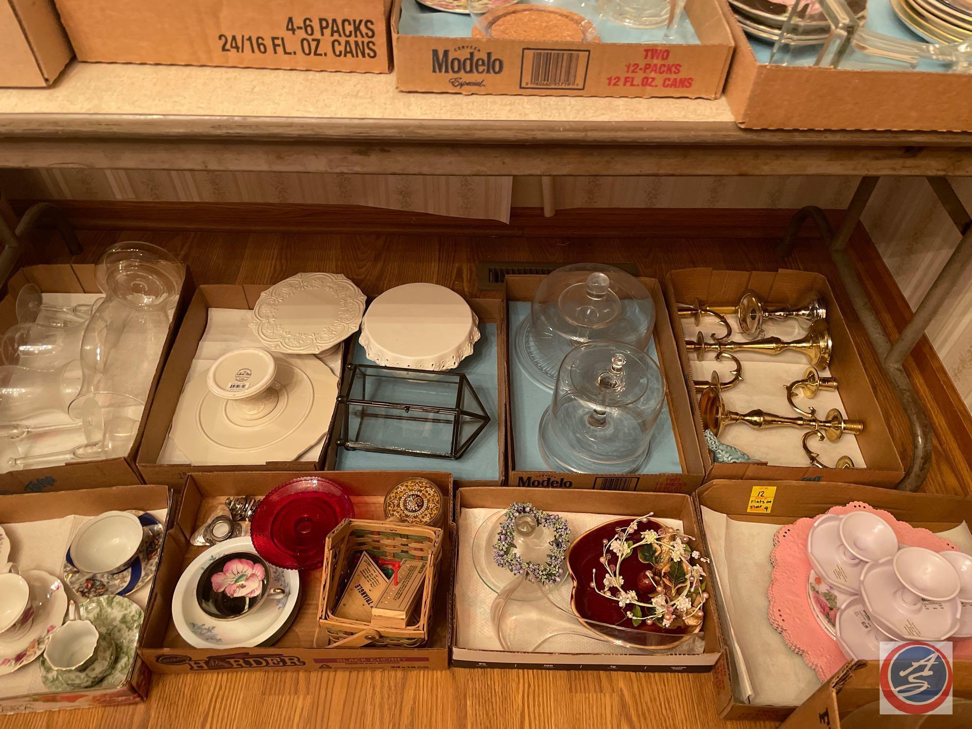 Gold Candlesticks, Assorted Cake Stands, Clear Glass Vases, Cups with Matching Saucers and Household