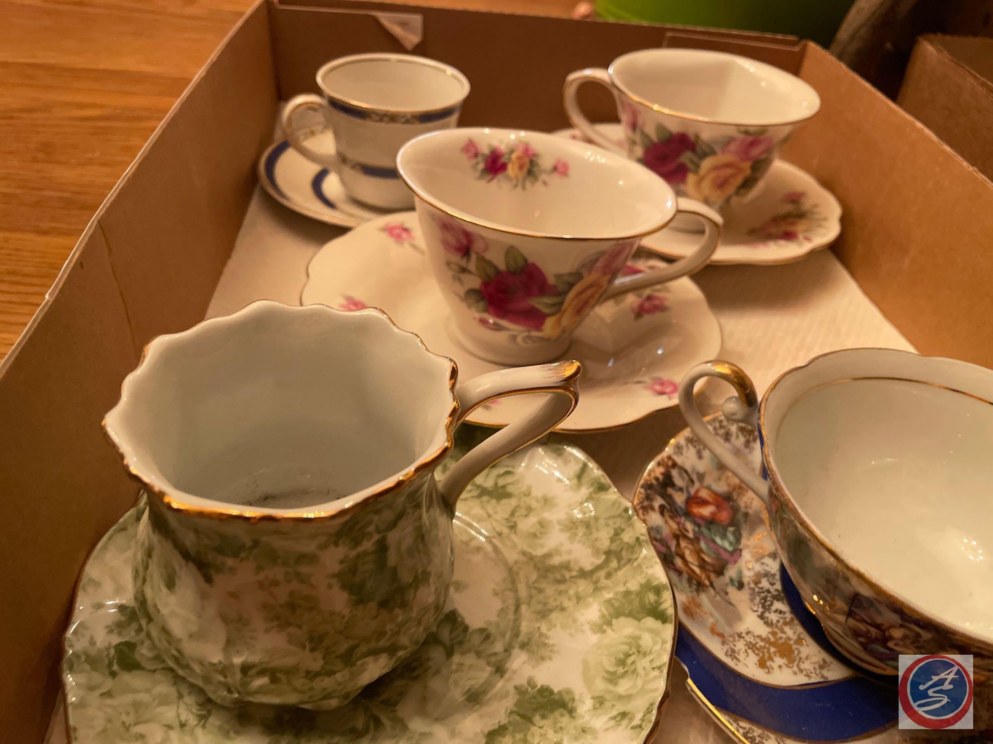 Gold Candlesticks, Assorted Cake Stands, Clear Glass Vases, Cups with Matching Saucers and Household