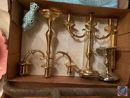 Gold Candlesticks, Assorted Cake Stands, Clear Glass Vases, Cups with Matching Saucers and Household