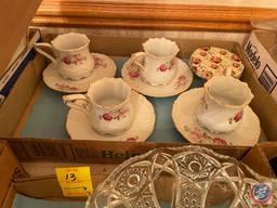 Candlewick Footed Glasses, Assorted Sized Cake Stands, Cups and Saucers, Cut Glass Basket,