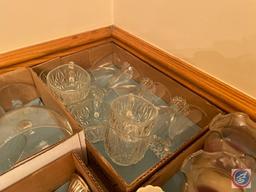 Candlewick Footed Glasses, Assorted Sized Cake Stands, Cups and Saucers, Cut Glass Basket,