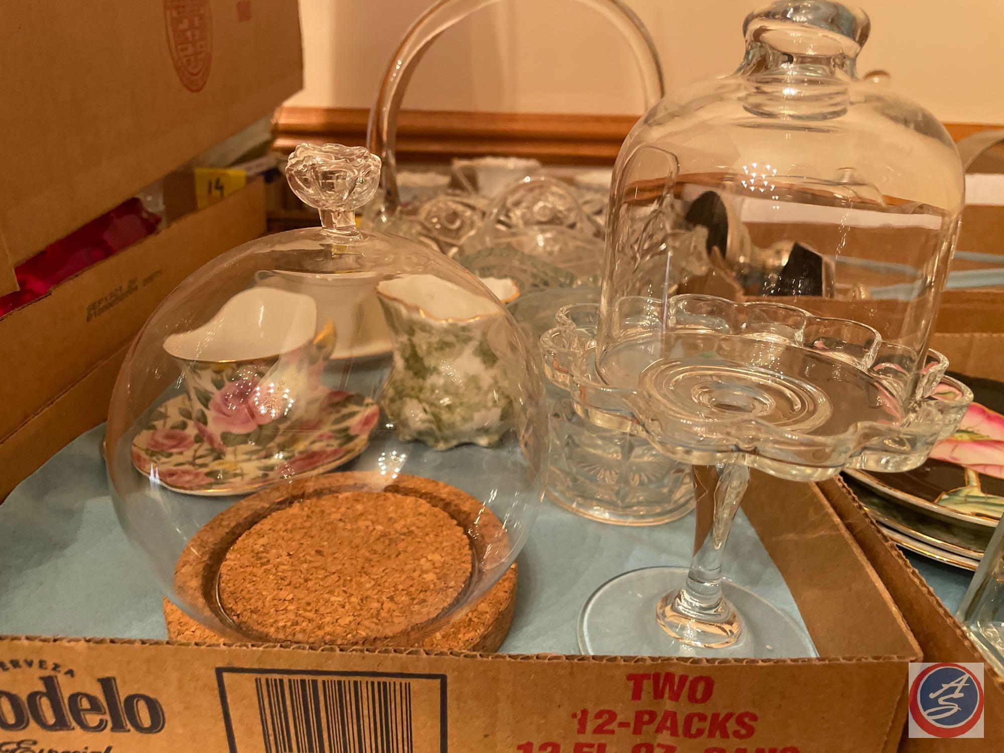 Candlewick Footed Glasses, Assorted Sized Cake Stands, Cups and Saucers, Cut Glass Basket,