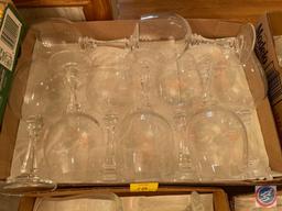 (2) Clear Glass Candlesticks and Assorted Clear Glass Footed Wine Glasses and Champagne Flutes