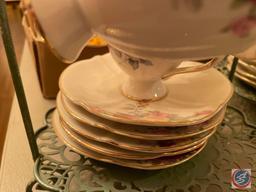 (2) Tea Cup and Saucer Caddys with (10) Tea Cups and (10) Saucers, (2) Silver Pedestal Candle