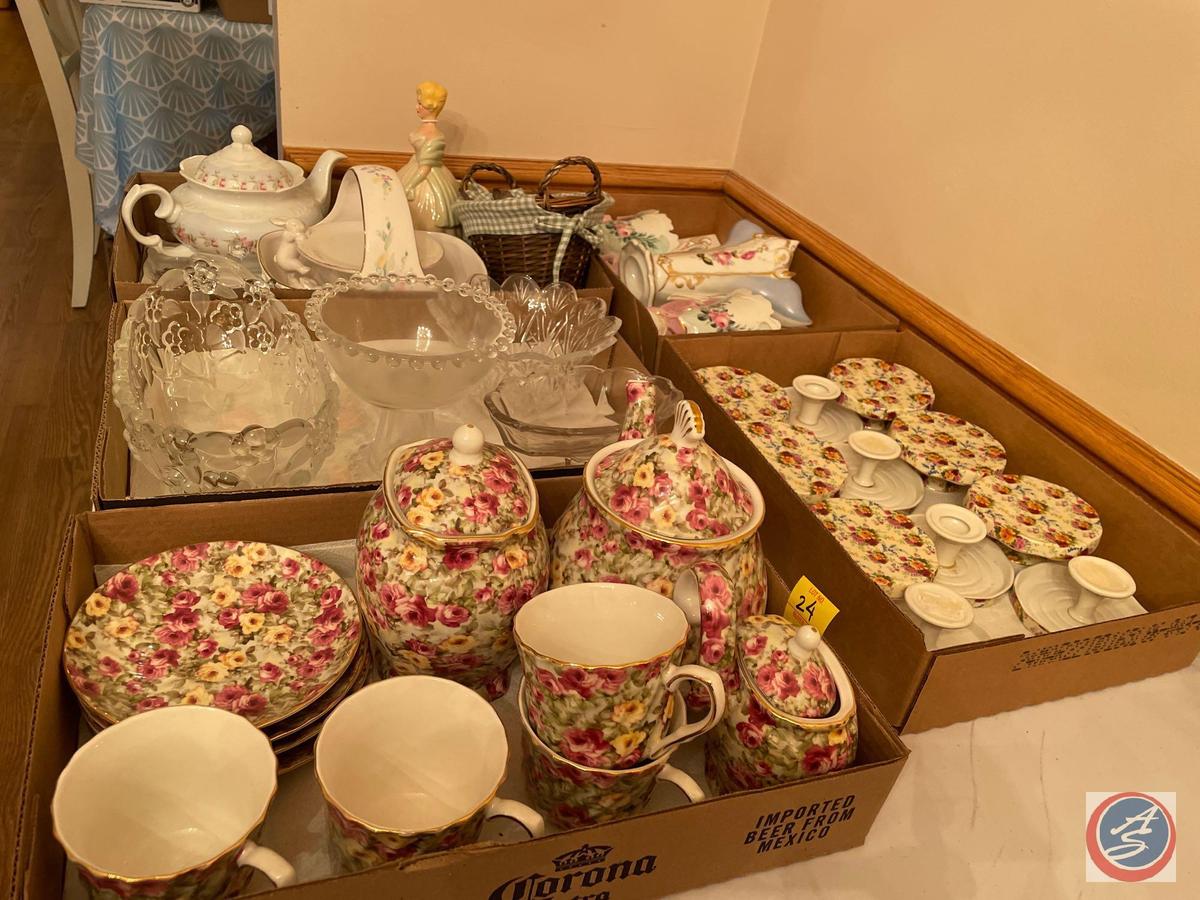 Floral Tea Set Including Tea Pot, Lidded Sugar Dish, (11) Dessert Stands, (4) Tea Cups, (4) Saucers,