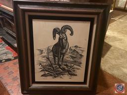 Framed Ram Scenery Etched in Marble Signed Guy Collections Art Limited Marked 18/2975 Measuring 25''