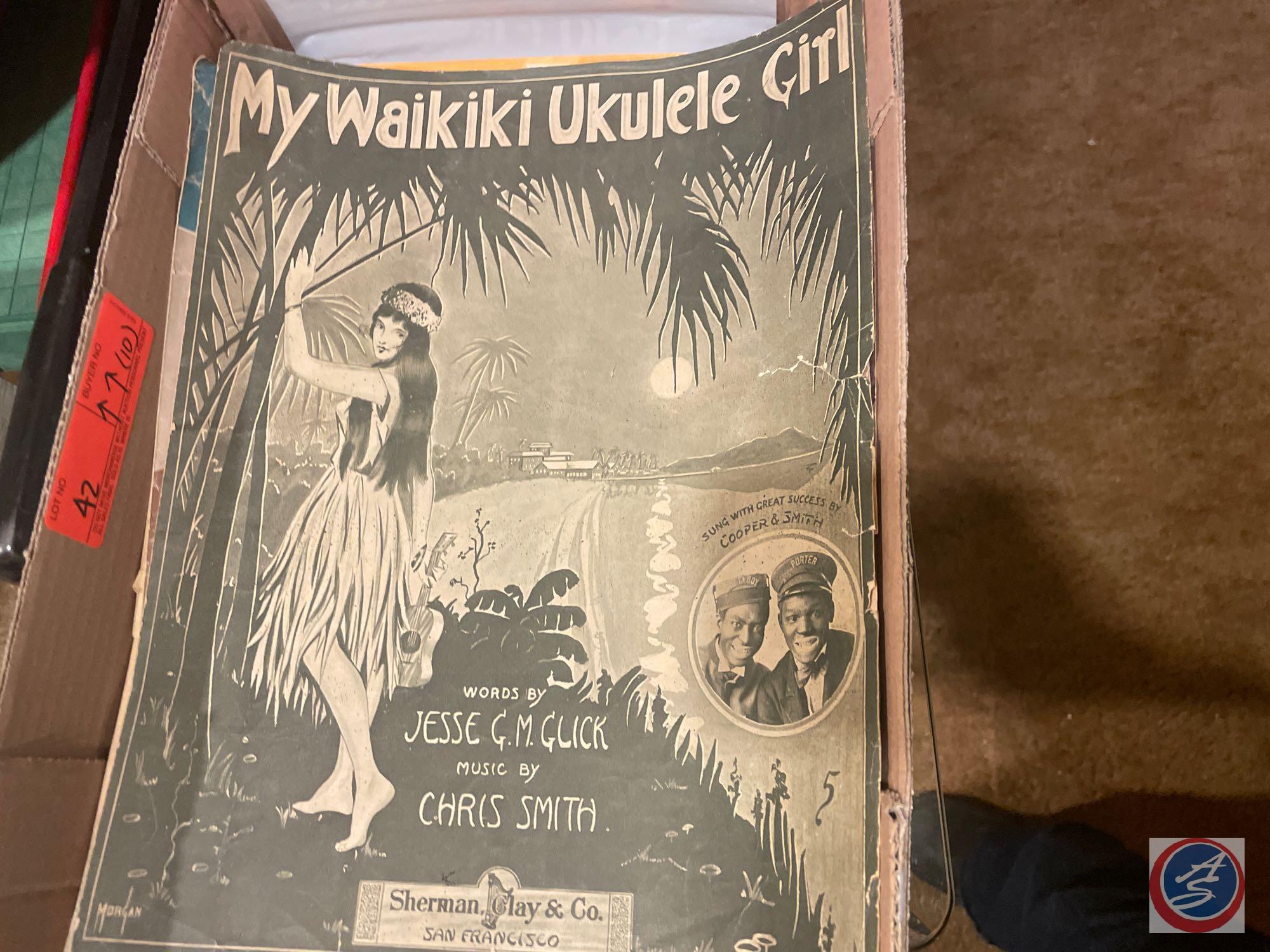 Assorted Pieces of Sheet Music Including My Waikiki Ukulele Girl, Royal Doulton 7'' Coupe Crystal