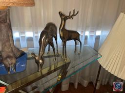 Art Deco Sofa Table Measuring 48'' X 20'' X 26'', (4) Brass Deer Statues, Table Top Lamp with Hoof