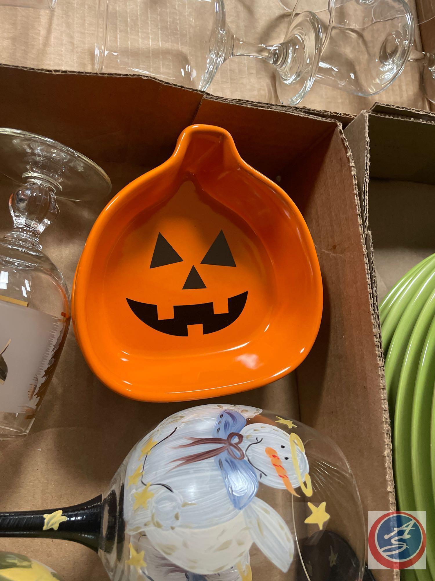 (10) Wine Glasses Also (10) Small Crystal Also (2) Halloween Pumpkin Dish Plus More