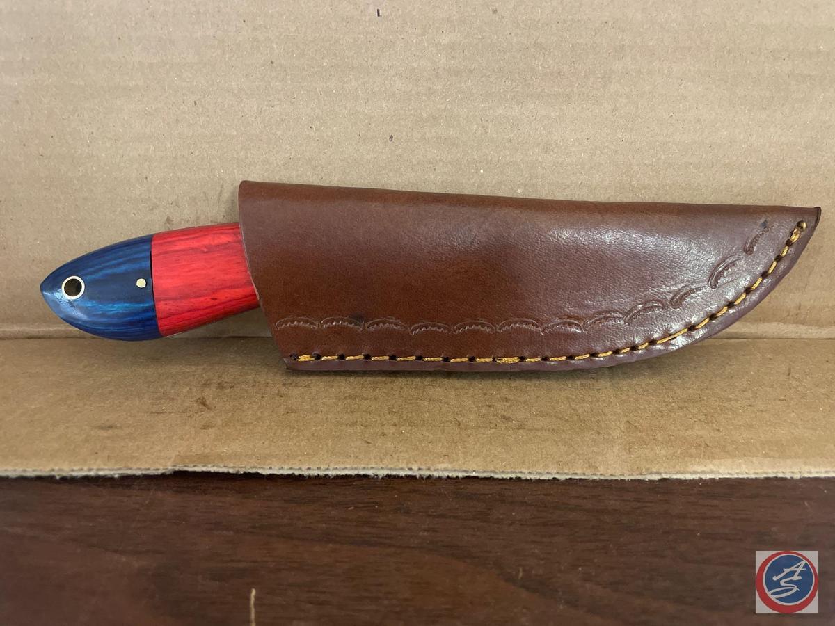 Hand Forged Damascus Hunter's Knife With Red White And Blue Handle Measuring (8")