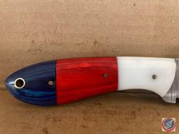 Hand Forged Damascus Hunter's Knife With Red White And Blue Handle Measuring (8")