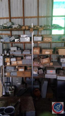 (1) 10x14 shelving unit All One Money electrical boxes, assorted electrical components