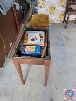 Piano Bench, Brass colored Lamp and a stool with Gold lid