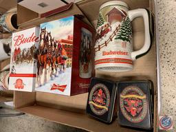 (2) playing decks of cards, Budwieser stein , 75th anniversary bud stein 2008, 2011 holiday stein.