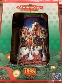 (3) Bud Steins; 1998 Holiday Stein, 75th Anniversary , 25 years of Clydesdale Steins.