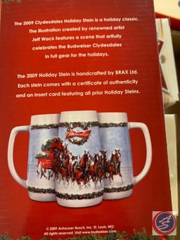 (3) Bud stein; 2009 Clydesdale Holiday stein, 2012 Bud Stein,2014 Holiday Lane.