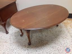 (1) Queen Anne Style End Table 20" x 27" x 22 1/2", (1) Oval Coffee Table 48" x 34" x 18"