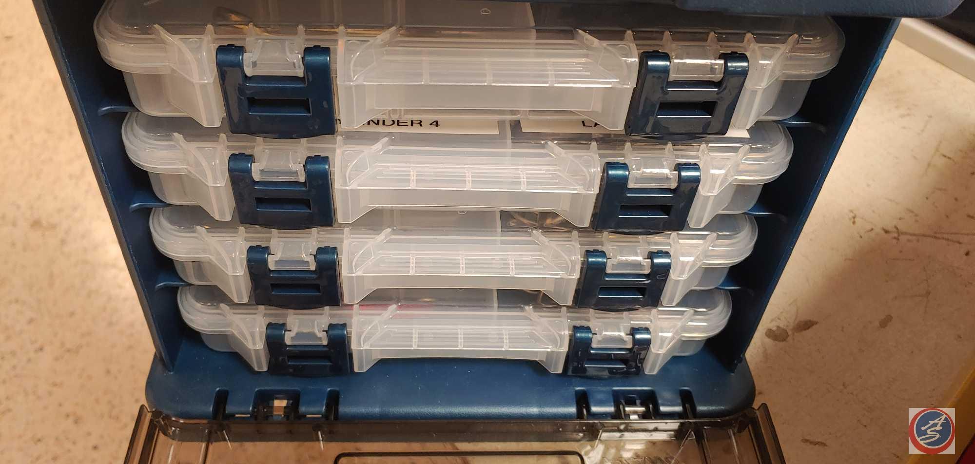 Plastic tool box top container , 4 plastic trays with lids pull out and contain , hooks and misc