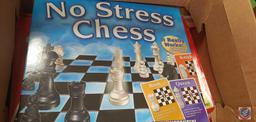 (1) Box of assorted games; Chess/Checkers/Backgammon, No Stress Chess, Clue Junior, Sorry, Candyland