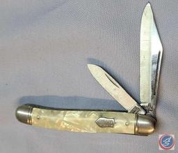 (2) Hollow Ground vintage pocket knife, silver and gold tone religious necklace pendant...