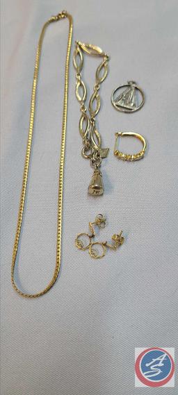 (5) 14" gold chain, 7" silver link chain with silver pendant, silver pendant religious metal, single