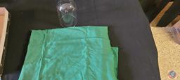 (1) Glass Dish made by Simpson Hall miller & Co, (1) Table Cloth Green approx measurements 65x49